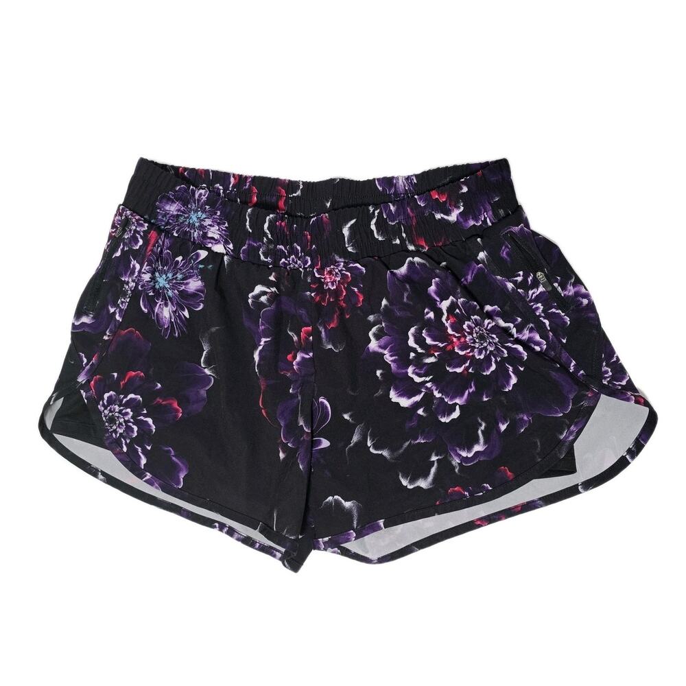 Women’s Black Floral Running Shorts Floral Purple Print Size Large